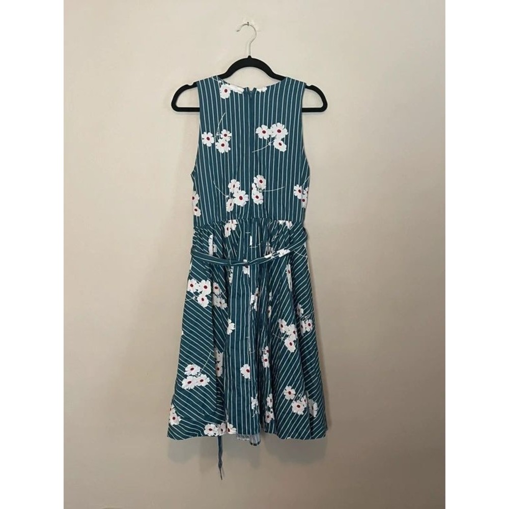 ModCloth Instant Energy Faux-Wrap Dress Teal Striped Floral Daisy Midi 12 - Picture 4 of 5